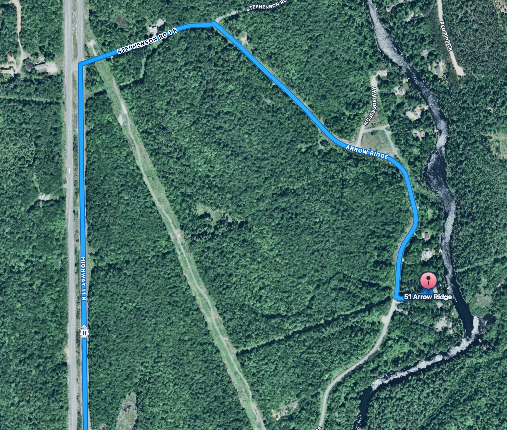 Map from Highway 11 North to 51 Arrow Ridge Road
